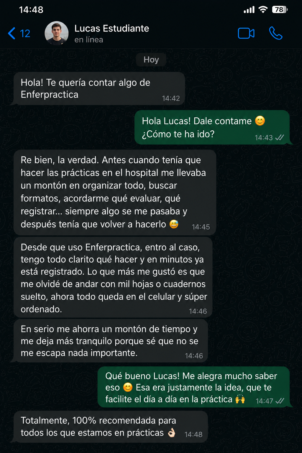 Conversación de WhatsApp con Lucas Estudiante sobre EnferPráctica