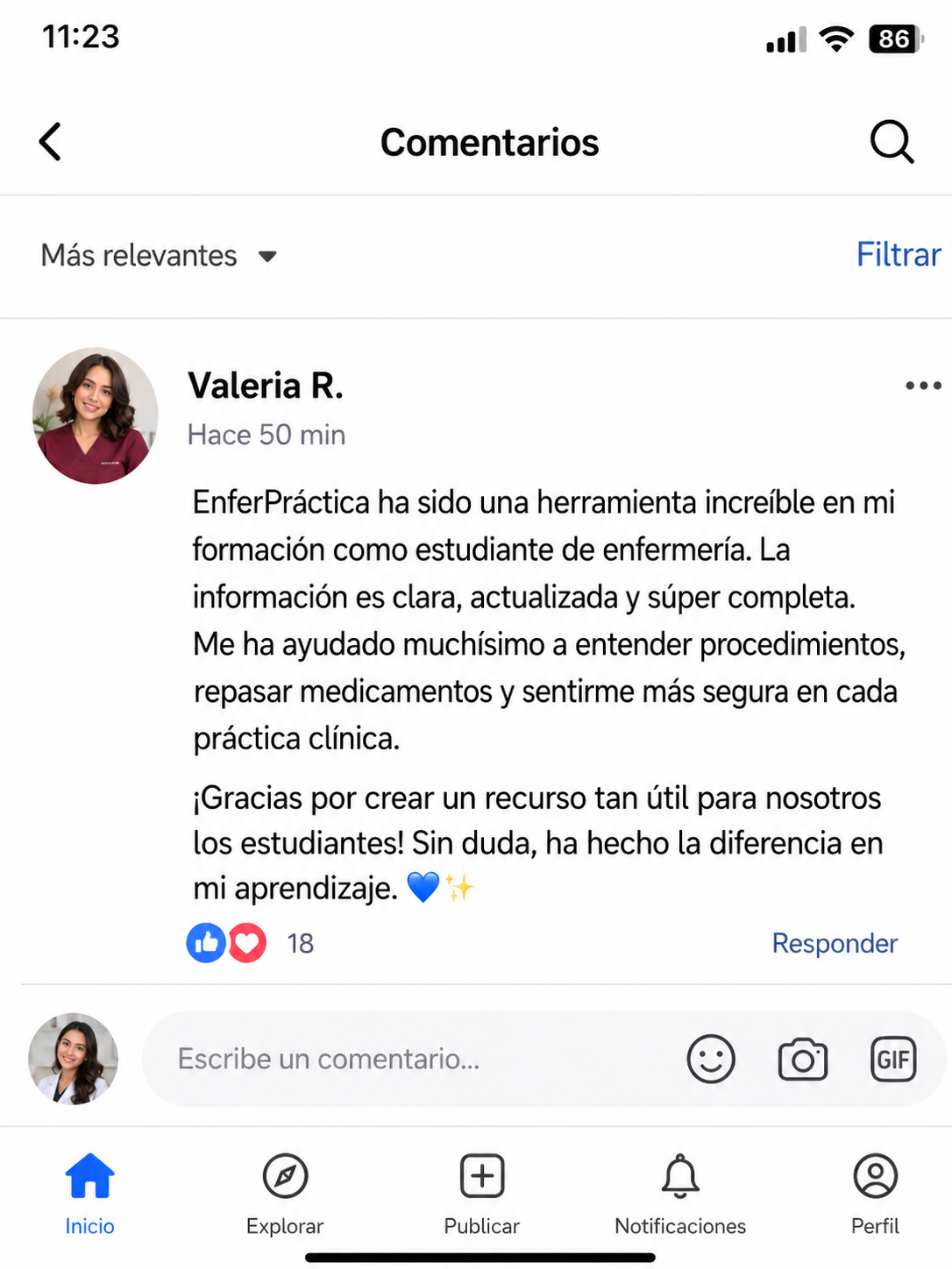 Comentario de Valeria R. sobre EnferPráctica