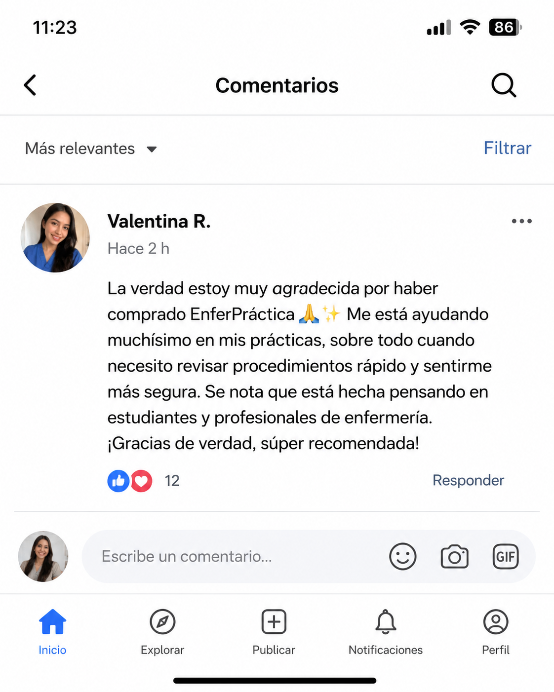 Comentario de Valentina R. sobre EnferPráctica